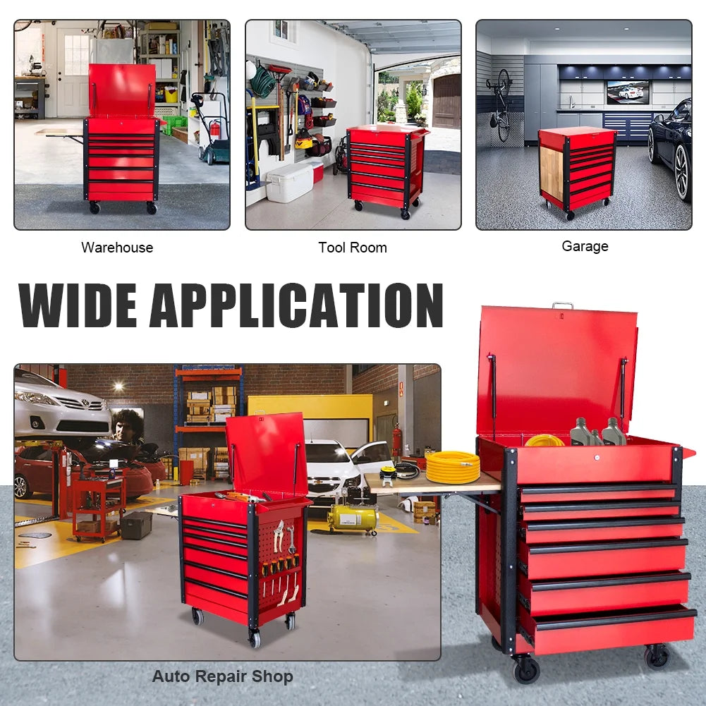 6 Drawers Rolling Tool Cart 1000Lbs, Multifunctional Tool Trolley with Locked Drawers, Steel Top Workbench and Small Wooden Folding Table, Tool Box Organizer