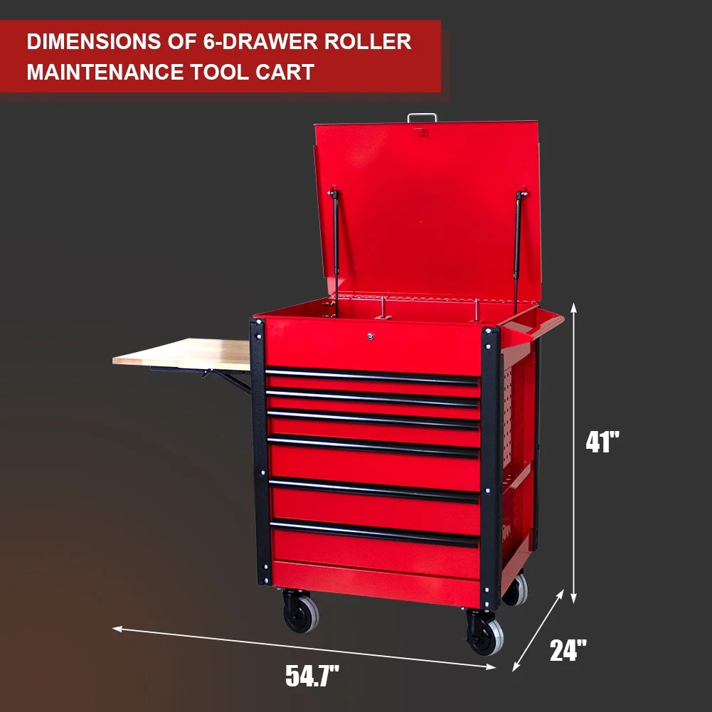 6 Drawers Rolling Tool Cart 1000Lbs, Multifunctional Tool Trolley with Locked Drawers, Steel Top Workbench and Small Wooden Folding Table, Tool Box Organizer
