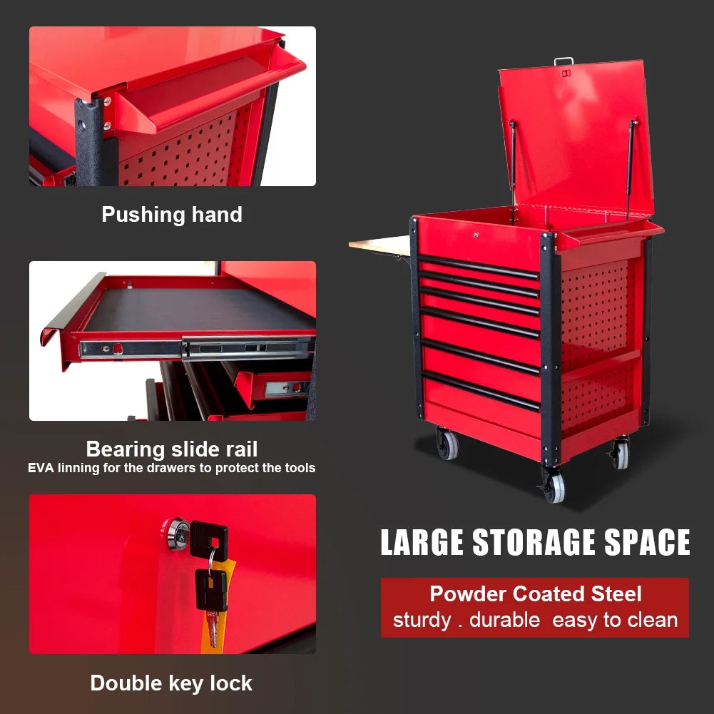 6 Drawers Rolling Tool Cart 1000Lbs, Multifunctional Tool Trolley with Locked Drawers, Steel Top Workbench and Small Wooden Folding Table, Tool Box Organizer