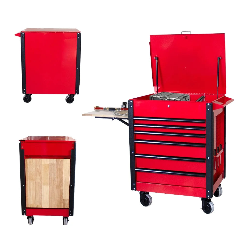 6 Drawers Rolling Tool Cart 1000Lbs, Multifunctional Tool Trolley with Locked Drawers, Steel Top Workbench and Small Wooden Folding Table, Tool Box Organizer