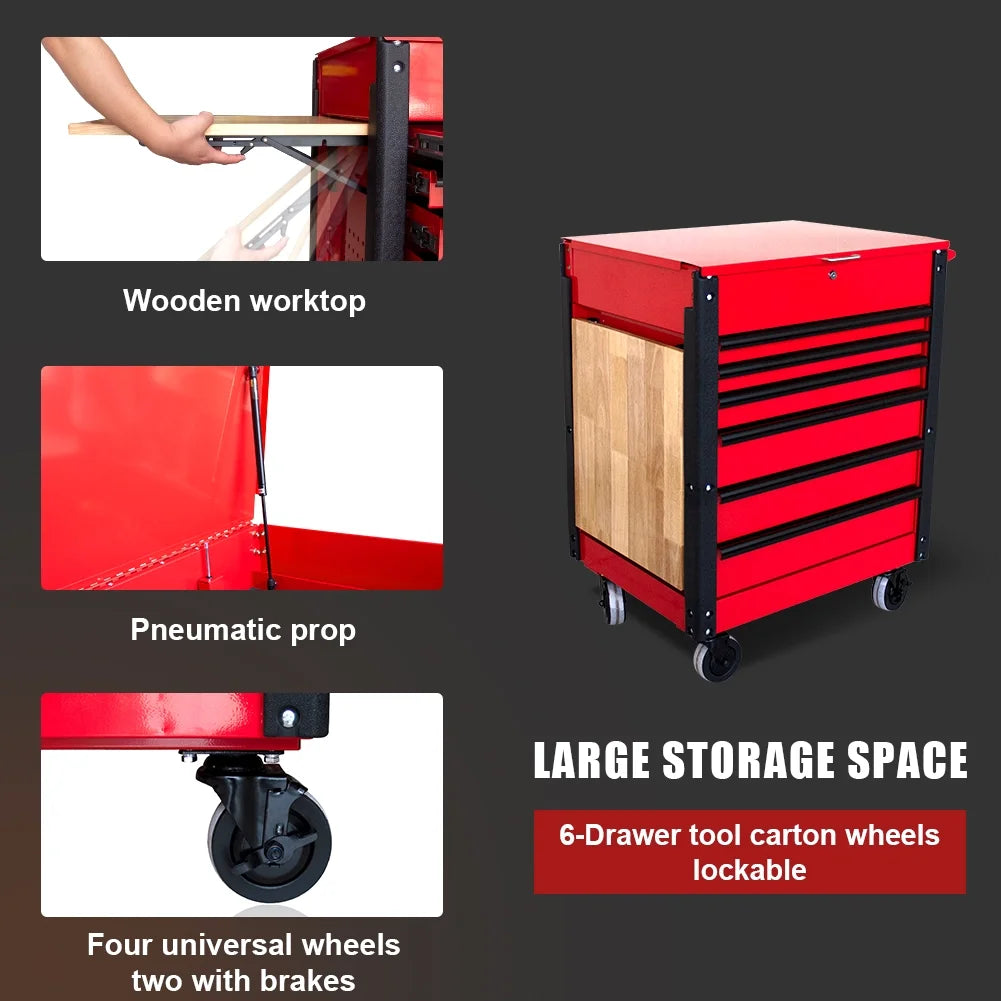 6 Drawers Rolling Tool Cart 1000Lbs, Multifunctional Tool Trolley with Locked Drawers, Steel Top Workbench and Small Wooden Folding Table, Tool Box Organizer