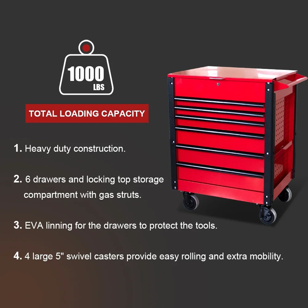 6 Drawers Rolling Tool Cart 1000Lbs, Multifunctional Tool Trolley with Locked Drawers, Steel Top Workbench and Small Wooden Folding Table, Tool Box Organizer