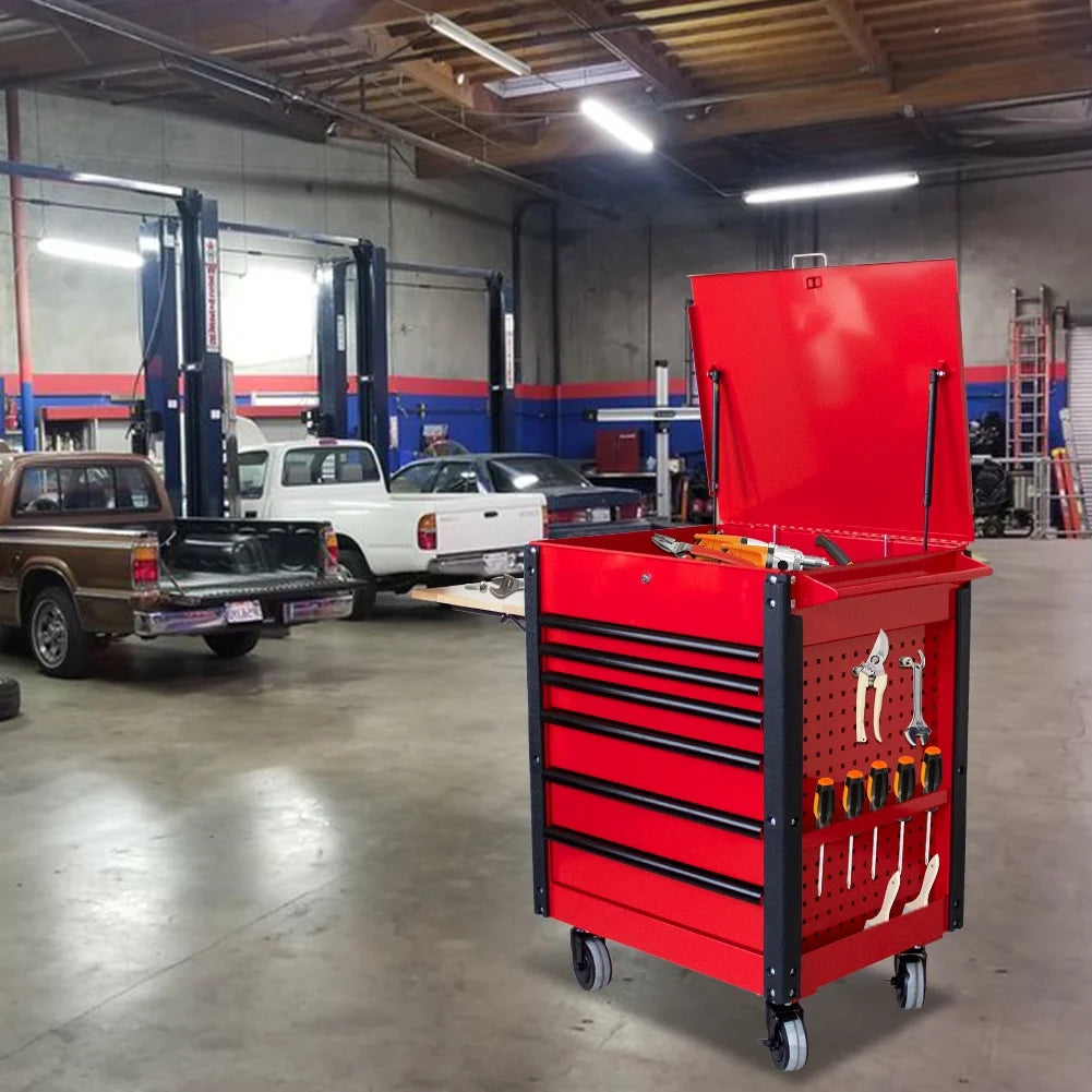 6 Drawers Rolling Tool Cart 1000Lbs, Multifunctional Tool Trolley with Locked Drawers, Steel Top Workbench and Small Wooden Folding Table, Tool Box Organizer